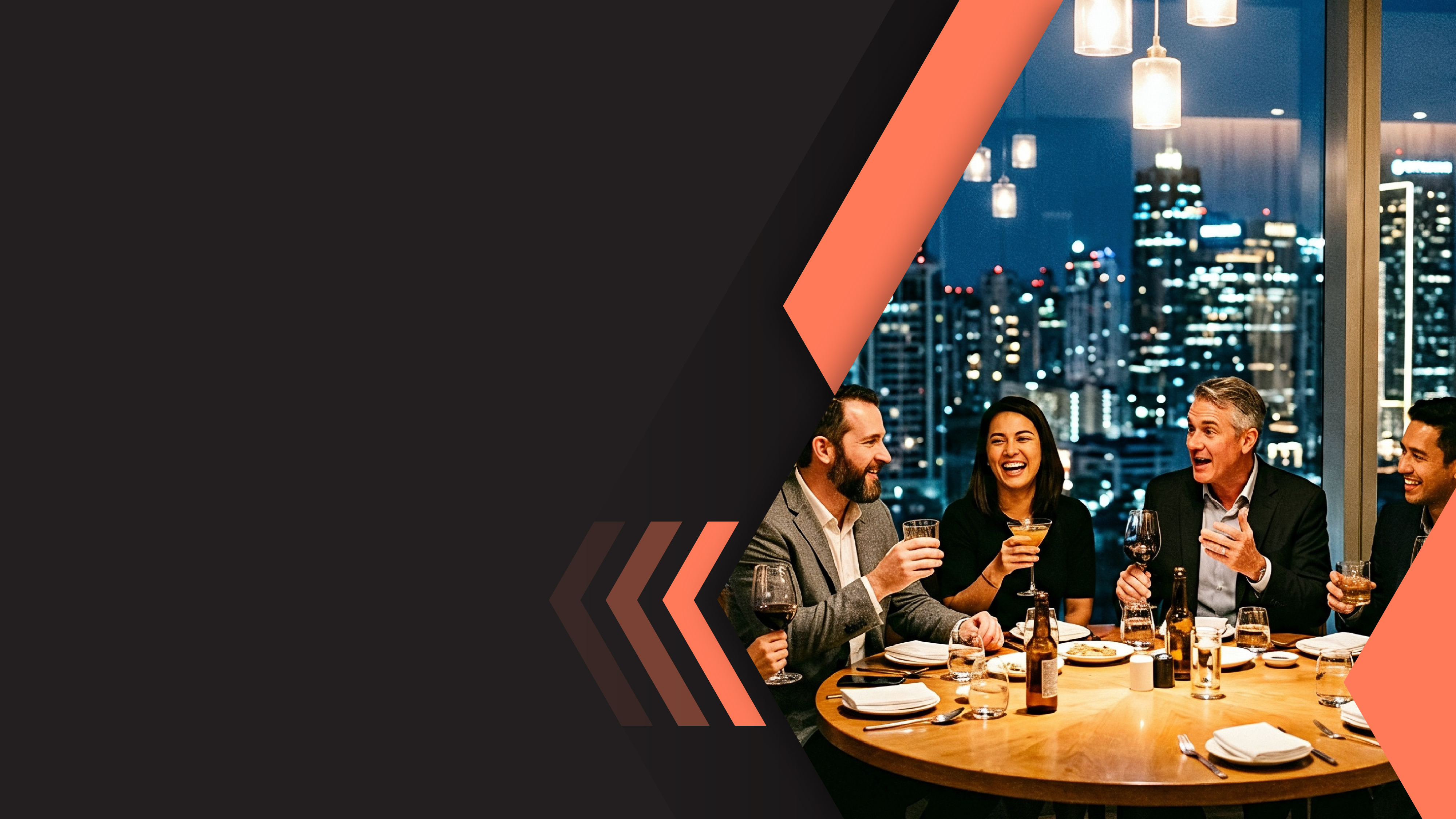 Executives having dinner and conversation in a city setting